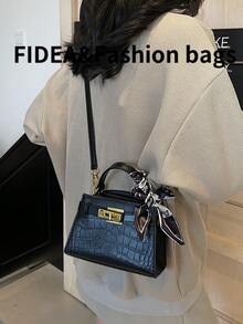 新款时尚女士手提包，纯色优雅鳄鱼纹别致手提包，配围巾，百搭单肩包，适合约会和购物 - 黑色 - 查看 4