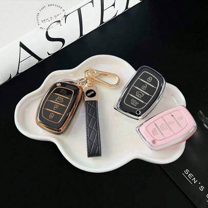 Easypie Selection Precise Logo Decorated Keyring Cover, Car TPU Pink/Black Silver/Purple/Black Gold Key Fob Shell Fit For 4 Buttons TPU Car Key Case Tuscon Santa Fe Reina Sonata Elantra Creta Ix 35 Ix 45 I10 I30 I40 Smart Key Cover