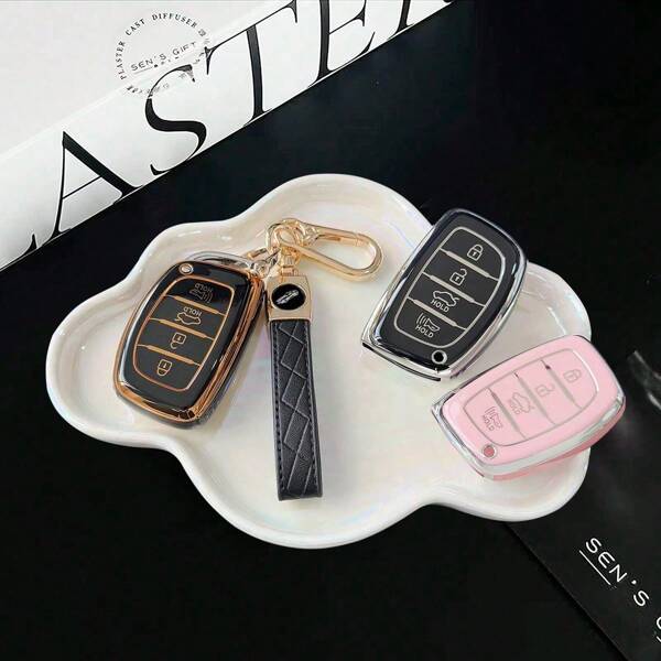 Easypie Selection Precise Logo Decorated Keyring Cover, Car TPU Pink/Black Silver/Purple/Black Gold Key Fob Shell Fit For 4 Buttons TPU Car Key Case Tuscon Santa Fe Reina Sonata Elantra Creta Ix 35 Ix 45 I10 I30 I40 Smart Key Cover