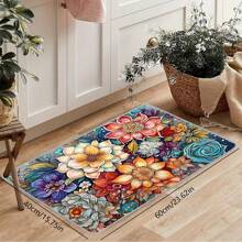 1pc Bohemian Feng Shui Colorful Floral Kitchen Floor Mat, Anti-Slip Soft Carpet, Waterproof Kitchen Mat, Anti-Fouling Mat, Machine Washable, Entrance Door Mat, Kitchen/Living Room/Laundry Room/Bathroom Absorbent Mat, Room Decor