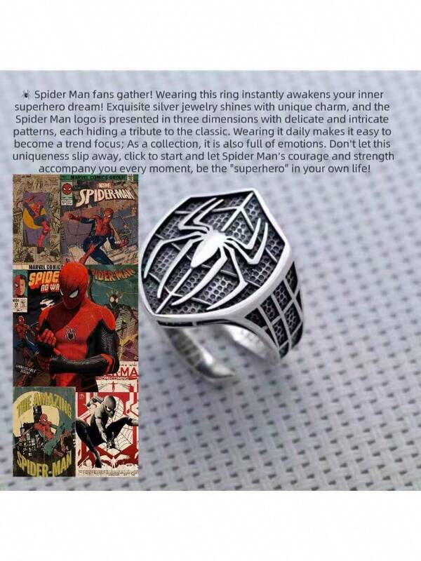 Marvel 2 piezas/1 pieza, anillo ajustable del superhéroe Spider-Man, anillo de aleación para juego de roles de superhéroes, accesorio de joyería de película, adecuado para decoración diaria de ropa, serie de fans de Spider-Man, decoración de fiesta de vacaciones, aniversario, cumpleaños, regalo, pareja, fiesta de compromiso, como regalo de cumpleaños, Halloween, Navidad, temporada de graduación, regalo de fiesta de vacaciones