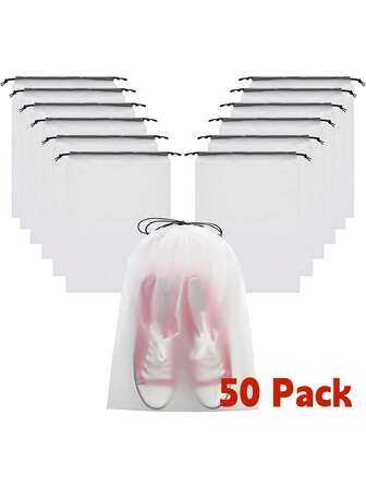 50 Pack Clear Waterproof Shoe Bags For Travel (15.7"X11.8"/40x30cm) - Reusable Drawstring Shoe Organizers For Suitcase, Gym, Vacation - Travel Essentials For Women & Men