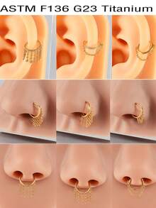 1PC 18K Golden Plated Implat Titanium Alloy Hoop Zirconia Segement Nose Septum 16G Chain Pendant Cartilage Tragus Helix Earring Decoration