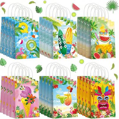 Bolsa de papel de regalo para fiestas de verano, 12/18/24 piezas con diseño de cerdo asado hawaiano, bolsa de regalo con asas para fiestas de playa, piscina y cumpleaños en la playa, decoración y almacenamiento