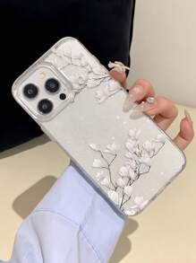 1 Stück transparentes glitzerndes weißes Blumendesign Handyhülle, volle Kameraabdeckung, stoßabsorbierend, geeignet für Frauen/Mädchen Handys, kompatibel mit Apple Handy