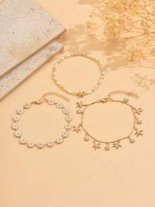 3 buc/set brățară decorativă de vară cu flori de margarete dulci, bijuterii elegante și romantice cu ciucuri florale cu stea de mare, multistrat, pentru picior, potrivite pentru purtare zilnică, vacanță la plajă, petrecere, lanț lucrat manual, poate fi tăiat la lungime, comanda și cantitatea cu flori și stele de mare sunt aleatorii