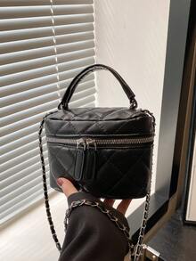 1 pieza Bolso de mano pequeño de mujer elegante y de moda, de unicolor, acolchado, de PU con cremallera y correa desmontable de cadena metálica, ideal para viajes, vacaciones, combinar con ropa de moda y compras con amigos