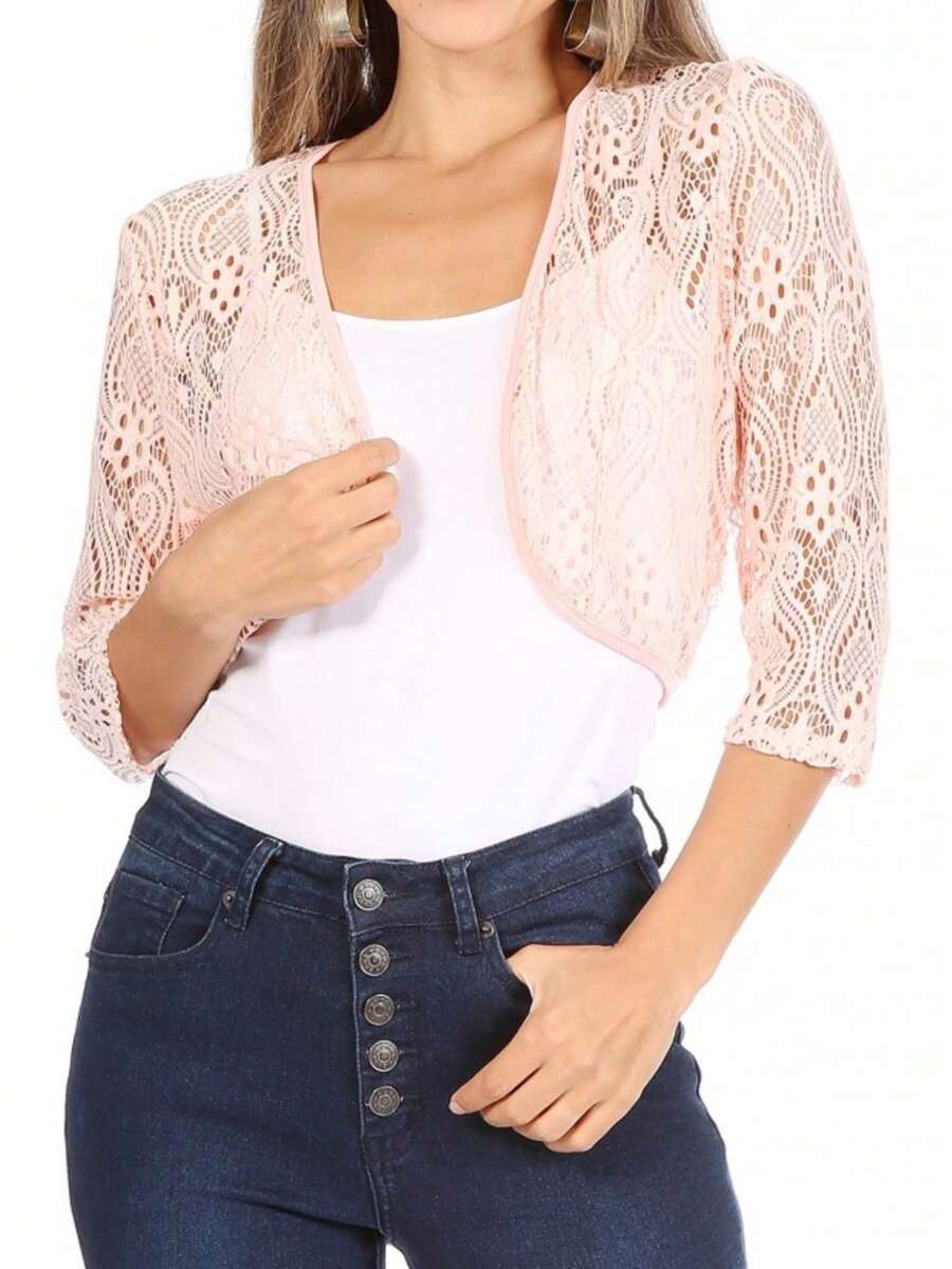 Casual Lace Bolero Crochet Cardigan With 3/4 Sleeves    Casual  Fabric  Sheer  Split      Daily - 桃 - 查看 1