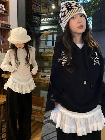 女式秋季芭蕾风格荷叶边下摆长袖 T 恤，独特修身分层汗衫