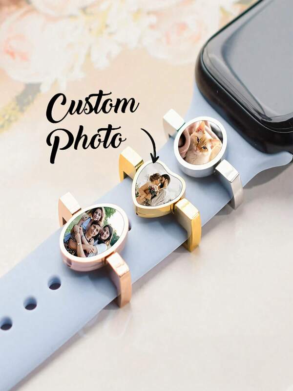 1 pieza Accesorio personalizado para correa de reloj, accesorio decorativo de correa de reloj con foto personalizada, aplicable a correa de silicona de reloj inteligente en oro rosa, ideal como regalo para ella, él, novio, novia, papá, mamá, familia, amigos, para aniversarios, cumpleaños, graduación, baile de graduación, fiesta, joyería de mujer