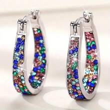 Luxury Inlaid Colored Cubic Zirconia Hoop Earrings For Women Exquisite Fashion Silver Color Party Engagement-Silver Plated Oval Shape Hoop Earrings For Women,Statement Jewelry 1.2 Inch - 彩色 - 查看 2