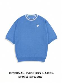 Men & Women Casual Loose Fit Colorful Striped Decorative Edge Short Sleeve Knit Pullover Sweater, Fresh And Energetic Embroidered Heart Design, Round Neck Knitwear, Spring/Summer - Blue - View 6