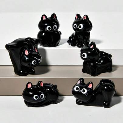 6 piezas Figuras decorativas de gatos negros lindos, regalo perfecto para amantes de los gatos, decoración para computadora/automóvil, mini adorno de escritorio para oficina en el hogar