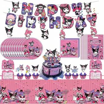 Sanrio 123 pièces Décoration d'anniversaire Kuromi, ensemble de fournitures de fête comprenant une banderole, des tourbillons suspendus, des décorations de gâteau/cup-cake, une nappe (70*42 pouces), des serviettes, des assiettes (7 pouces), des sacs-cadeaux et des invitations pour une fête sur le thème Kuromi de Sanrio.