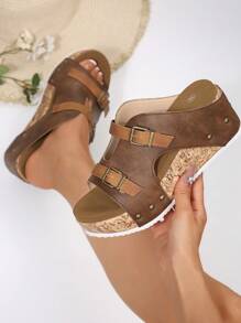 2025 Summer New European & American Fashion Double Buckle Rivet Decor Plus Size Wedge Heel Thick Sole Sandals