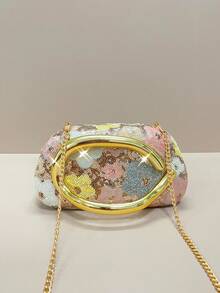 Glamorous Multi-Colored Floral Embroidered Evening Clutch Bag, Elegant Handmade Party Purses And Bags Women With Gold Metal Chain And Exquisite Hardware Handle, Unique Pattern, Prom Accessories, Bridesmaid Gifts, Pink Flowers Straw Bag, Bohemian Handbags For Ladies, Shoulder Crossbody Bags Purse For Party Girls, Bride, College Students, Rookies & White-Collar Workers For Party, Prom, Wedding - Pink - View 4