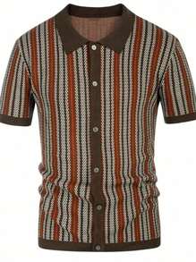 Polo a maniche corte con bottoni per uomo - marrone con righe a spina di pesce multicolori. Ideale per l'abbigliamento casual estivo e per uso all'aperto