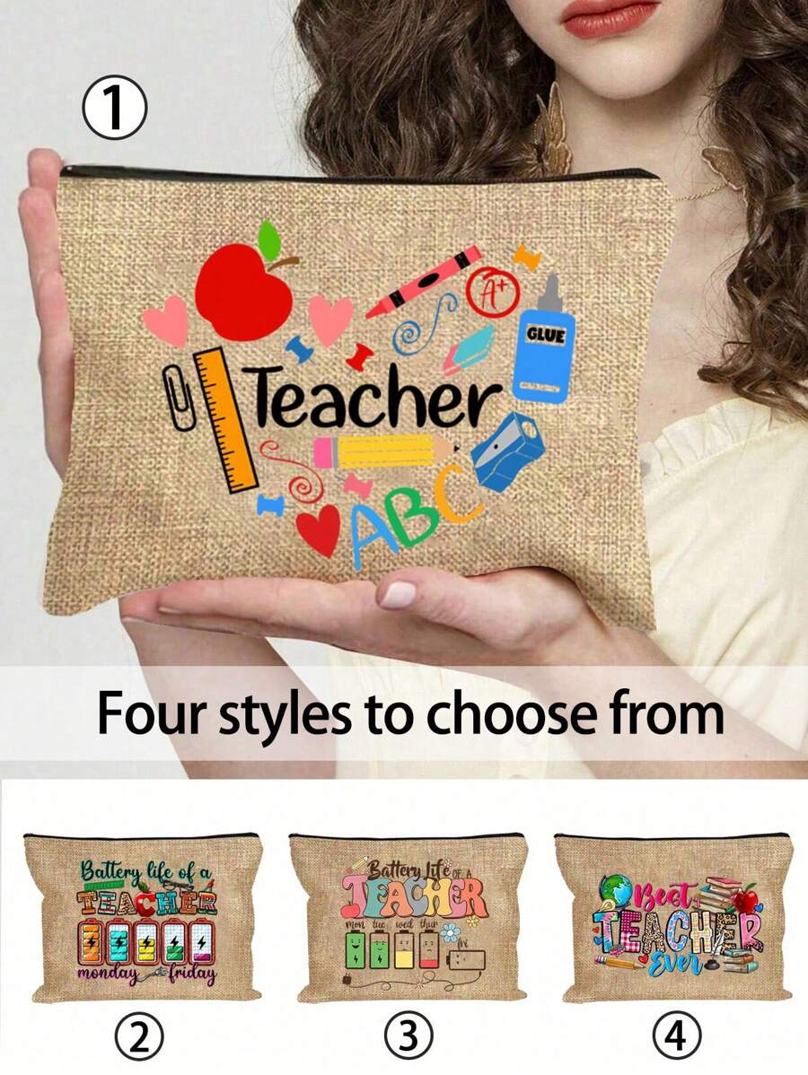 Bolsa de maquillaje con estampado de "Maestro" como regalo de aprecio al maestro, monedero de lino caqui, bolsa de cosméticos con forro y sin cierre - perfecto para educadores y personal escolar, regalo de agradecimiento al maestro, accesorios casuales y elegantes para salidas, vacaciones, viajes diarios, bolsa de cosméticos, regalo de cumpleaños para mamá, amiga