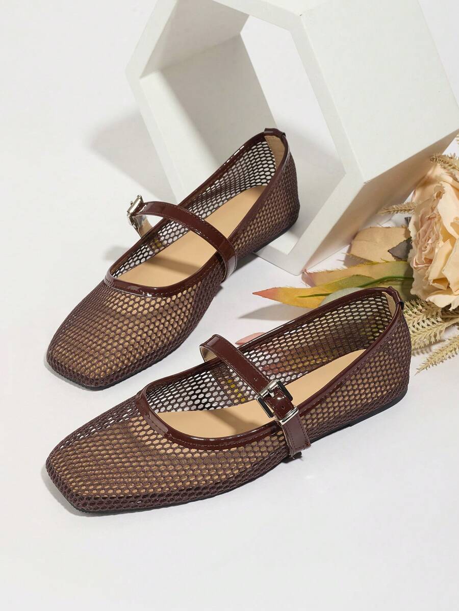New Hollow-Out Mesh Ballet Brown Square-Toe Summer Breathable Soft Casual Flat Sandals, Ladies Plain Color Comfy Leisure Flat Shoes