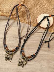 1pc Retro Personalized Men's Necklace, Handmade Metal Butterfly Pendant Beaded Sweater Chain, Suitable For Daily Wear