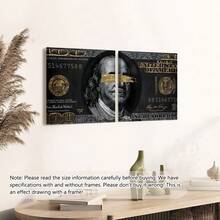 1/2 件套复古美元帆布艺术印刷品 - 现代无框当代抽象墙饰，以黑色背景和金色点缀的本杰明·富兰克林肖像为特色 - 适用于客厅、卧室或走廊，走廊艺术 | 当代美学 | 独特的美元艺术，帆布墙画，海报，墙饰，房间装饰，带框墙饰 - 彩色 - 查看 10