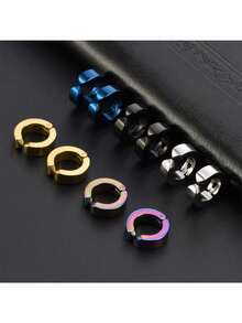 1 Pair Stainless Steel Small Hoop Earrings, Stainless Steel Non-Pierced Fake Hoop Earrings Set, Multi-Color Hoop Earrings Jewelry Decoration - Multicolor - View 11