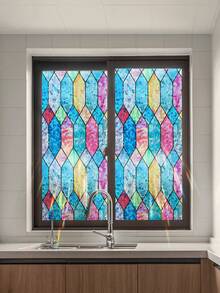 1卷彩虹摩洛哥风格隐私窗膜，3D彩色静电吸附可移除乙烯基门贴，防紫外线隔热，无胶，适用于家居装饰（17.53英寸*118英寸），适合客厅、圣诞派对、LPS圣诞背景等。 - 彩色 - 查看 14