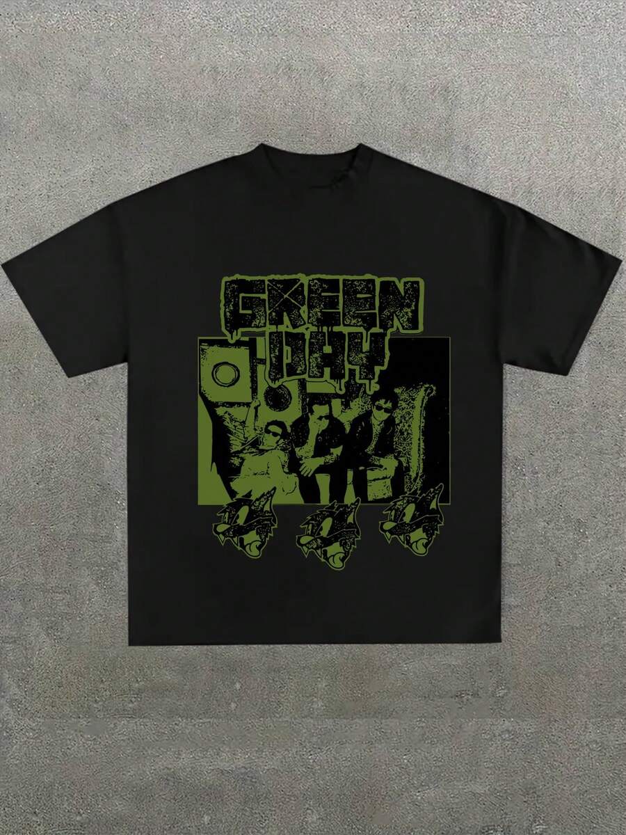 Para hombre,Camisa con Estampado de Green Day,Camiseta casual de cuello redondo y manga corta con estampado,adecuada para uso diario en primavera y verano,unisex - Negro - Ver 1