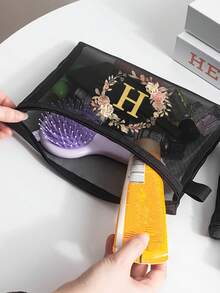 1pc Floral & Gold Foil Printed Mesh Cosmetic Bag, Ideal For Travel Toiletries. The Mesh Design Prevents Moisture Buildup When Storing Various Travel Bottles And Jars. Fashionable And Attractive, With A Zipper Closure, Foldable And Lightweight, Non-Fading. Suitable As A Valentine's Day Gift, Organizer Bag. - Multicolor - View 7