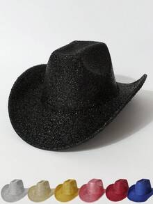 1 件男女通用闪亮金属牛仔/牛仔帽，新奇朋克风格宽边帽，适合派对、西部主题活动、订婚、毕业典礼、服装、节日、婚礼、生日、音乐节、日常穿着 - 純色 - 查看 9