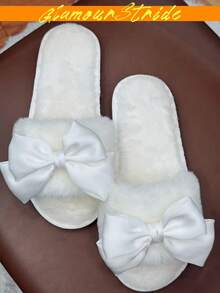 女士优雅天鹅绒蝴蝶结平底毛绒露趾拖鞋，适合情人节、派对和居家穿着，粉色、黑色和粉色，优质 TPR 防滑耐用鞋底，犒劳自己，品质保证，“我爱你”情人节拖鞋 - 純白色 - 查看 4