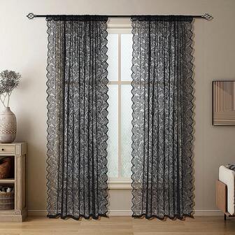 2 Pieces Of Fashionable High-End Black Lace Phoenix Tail Pole Curtain, Semi Transparent Wavy Lace Curtain Suitable For Elegant Window Decoration In Bedrooms, Living Rooms, Study Rooms, And Offices
