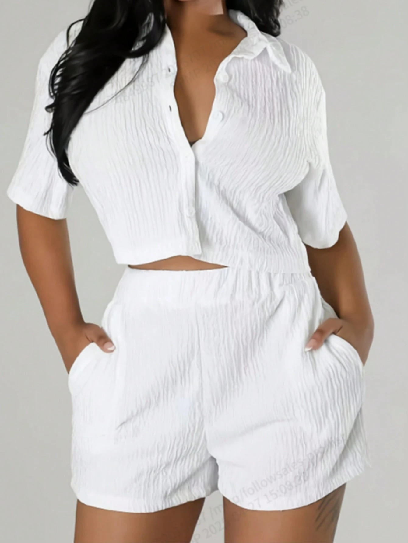 Women’S Solid Color Vacation Casual Button Front Crop Shirt With Elastic Waist