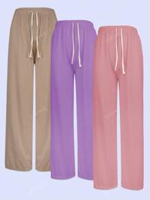 Set de 3 pantalones de pierna amplia para mujer, multicolor, tela de algodón y poliéster, aptos para temporadas de primavera y verano, ajuste de cintura natural, bolsillos funcionales. Frescos, ligeros y cómodos. Te llegarán 3 pantalones en colores al azar.