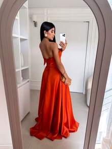 SATIN PARTY DRESS WEDDING BRIDESMAID GRADUATES STRAP-OFF - Coral Pink - View 2