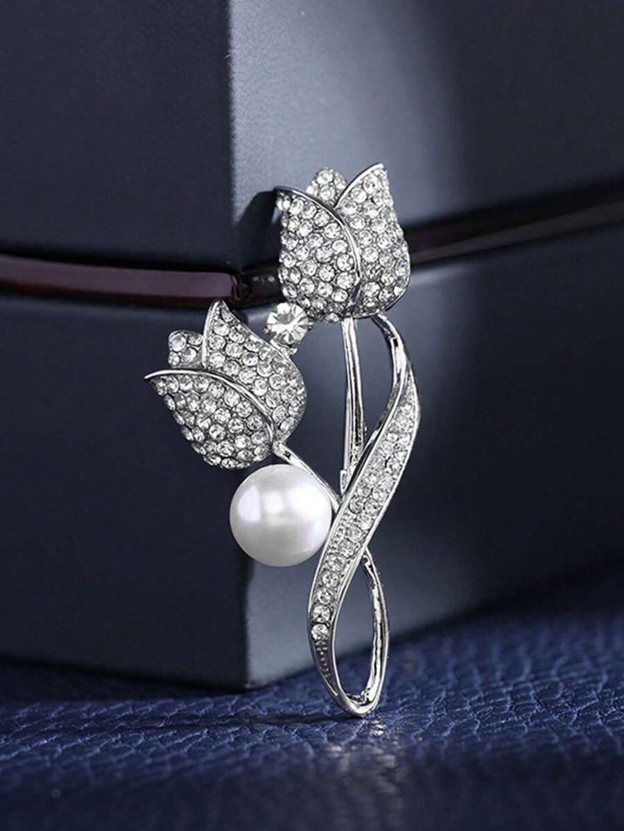 1 Stück Strass-Tulpe Broschen Set, Blendfreie Kragen Anstecknadel Schmuck, hochwertige Damen Anzug/Mantel Brosche, vielseitige rutschfeste Perlen & Strass Tulpe Brosche Accessoire, Geschenk für Mutter/Freundin/Paar