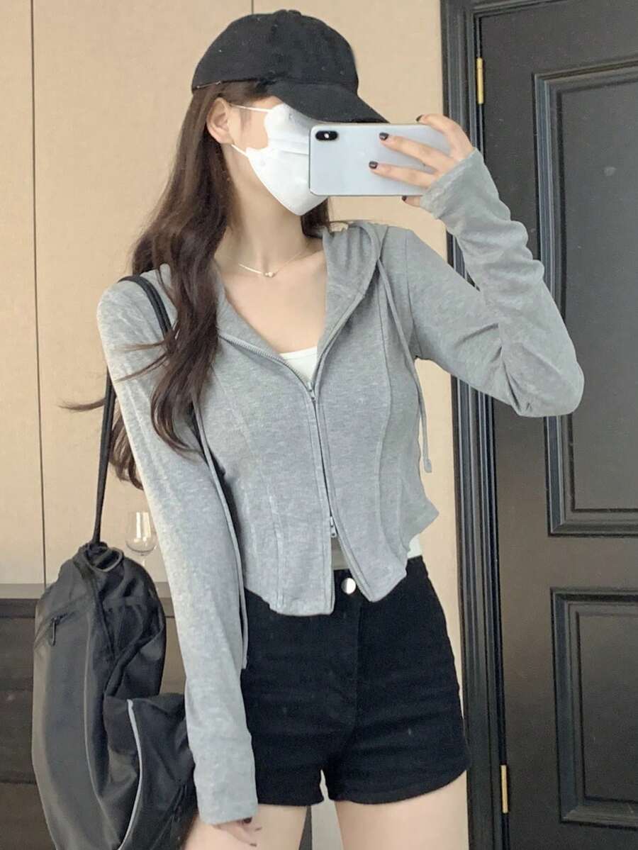 女式纯色长袖拉链前抽绳连帽休闲运动衫 - 淺灰色 - 查看 1