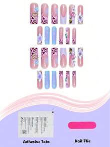 24pcs Leopard Print Blue Ombre French Floral Fake Press-On Nails, Ballerina Shape Long Nail Tips With Jelly Gel And Nail File Included, Suitable For All Ladies