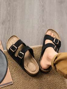 Fashionable Buckle Flat Soft Wood Slippers, Resort Style Summer Unisex Beach Slides, Big Size Up To 49 For Men And Women