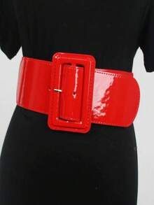 1pc Elastic Mirror Leather Wide Belt, Solid Color Minimalist Versatile Women Belts Fall, Autumn, Halloween - White - View 1