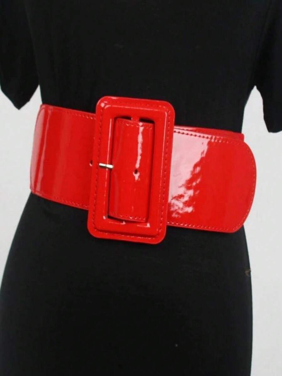 1pc Elastic Mirror Leather Wide Belt, Solid Color Minimalist Versatile Women Belts Fall, Autumn, Halloween - White - View 1