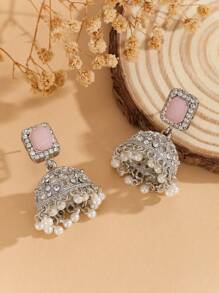 1 Pair Luxury Earrings, Elegant Crystal Embedded Fashion Bells & Tassel Faux Pearl Drop Earrings, Bollywood Jewelry Gift Suitable For Women's Daily, Festival, Wedding And Party Wear