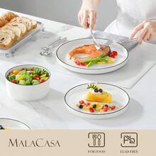 Modern 12 Piece Dinnerware Set Premium Porcelain Plates And Bowls For Four Scratch Resistant White With Black Rim Minimalist Style - BlackRim - View 3