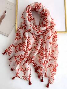 1pc Boho Beach Accessories Plants Print Hijab Tassel Scarf Casual Outdoor Sunscreen Windproof Beach Towel Winter Fall