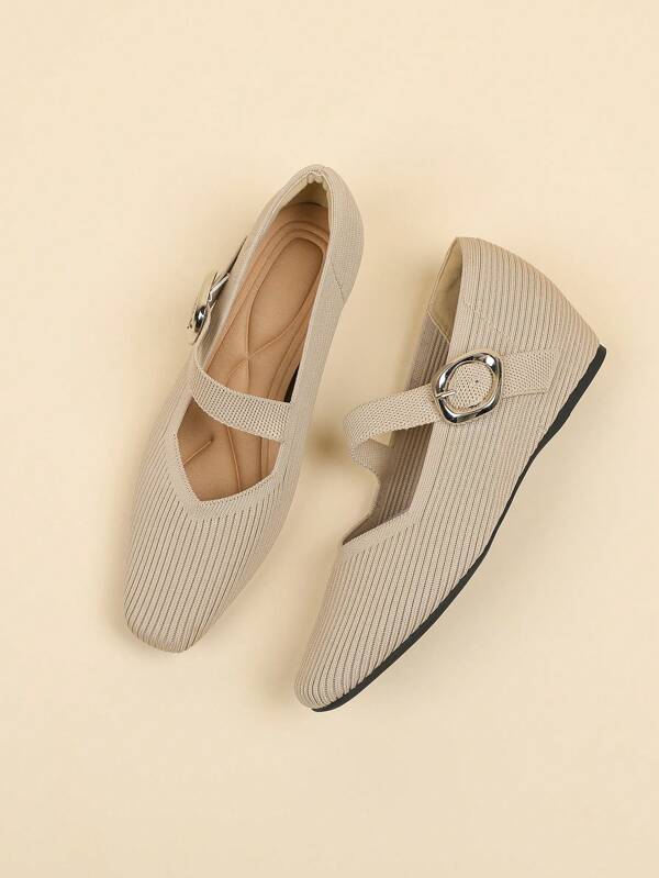 Women's Square-Toe Slip-On Knitted Mary Jane Strap Adjustable Buckle Solid Color Casual Hidden Wedge Platform Flats Suitable For Petite, Wearable All-Season