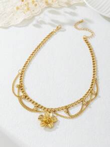 1pc Summer Vacation Style Striped Tassel & Golden Flower Pendant Multilayer Necklace, Gentle & Suitable For Women To Wear On Dates, Evening Parties, Weddings