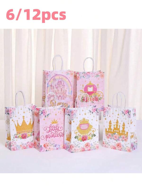 6/12 Stücke rosa Prinzessinen Schloss Themen Tragetaschen, geeignet für Geburtstagsparty Geschenke, Backwaren, Kekse, Süßigkeiten Verpackung, Geschenktüten, feminine Mädchen Thema Tragetaschen