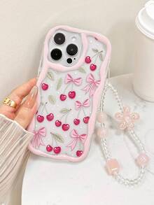 奶油色波浪光泽蝴蝶结樱桃色涂漆防摔手机壳保护套，配有手工串珠手链配件，适用于 16/11/16pro/16plus/16promax/16e/15Promax/13/14/12/XS/XR/7G/8P、Galaxy 11/12Pro/12/12X/13Pro/14Pro/15Pro/、10/9/Note9/12c/Note11pro/Note8Pro 防水防震防刮