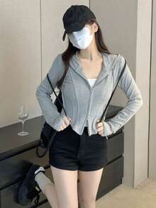 女式纯色长袖拉链前抽绳连帽休闲运动衫 - 淺灰色 - 查看 5
