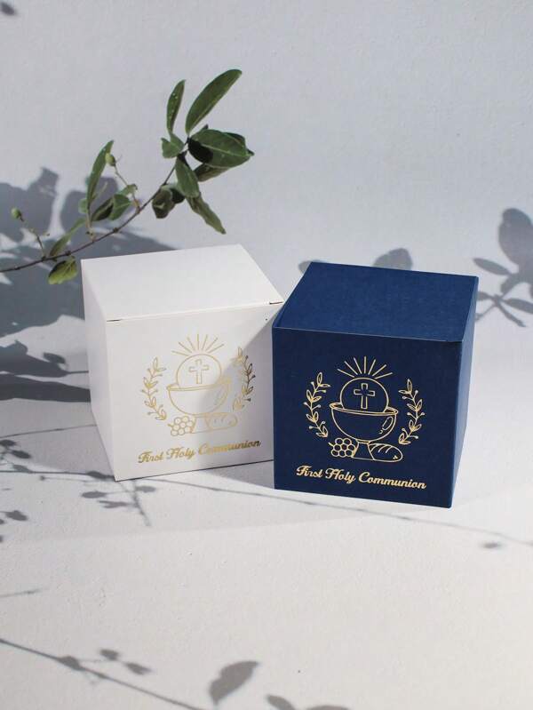 Caja de regalo de 5 piezas para la Primera Comunión con diseño de cruz y cáliz, empaque cuadrado elegante, disponible en negro, rosa y azul